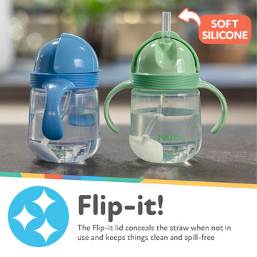 Nuby No-Spill Clik-It Silicone Straw Toddler Cup - (2 Pack) 8 Oz - 360 Weighted Straw Toddler Sippy Cup For 1+ Year Old - Blue/M