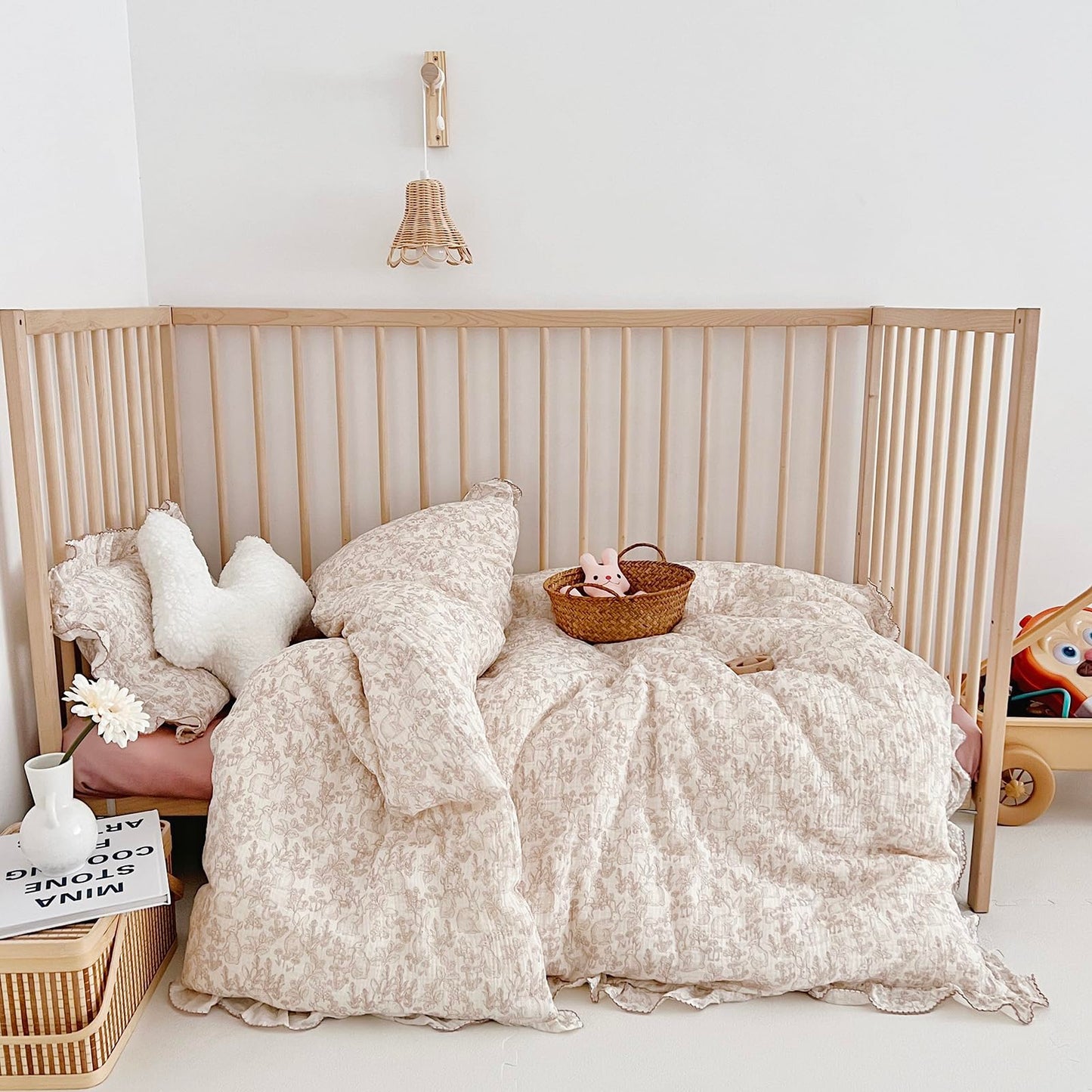 Aojim Kids Muslin Duvet Cover With Forest Themed Patterns, Pure Cotton Toddler Comforter Cover 59X79'', Ruffled Design Baby Crib