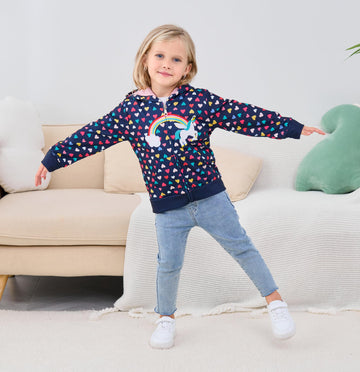 Popshion Baby Girls Unicorn Sweatshirt Valentine'S Day Kids Heart Print Fall Jacket Zip Up Toddler Hooded Coats Rainbow Hoodie O
