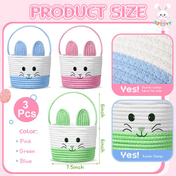 Beeveer 3 Pcs Easter Bunny Basket Bags Egg Hunt Basket Woven Cotton Easter Eggs Bucket Candy Egg Basket Egg Gift Bags Easter Tot