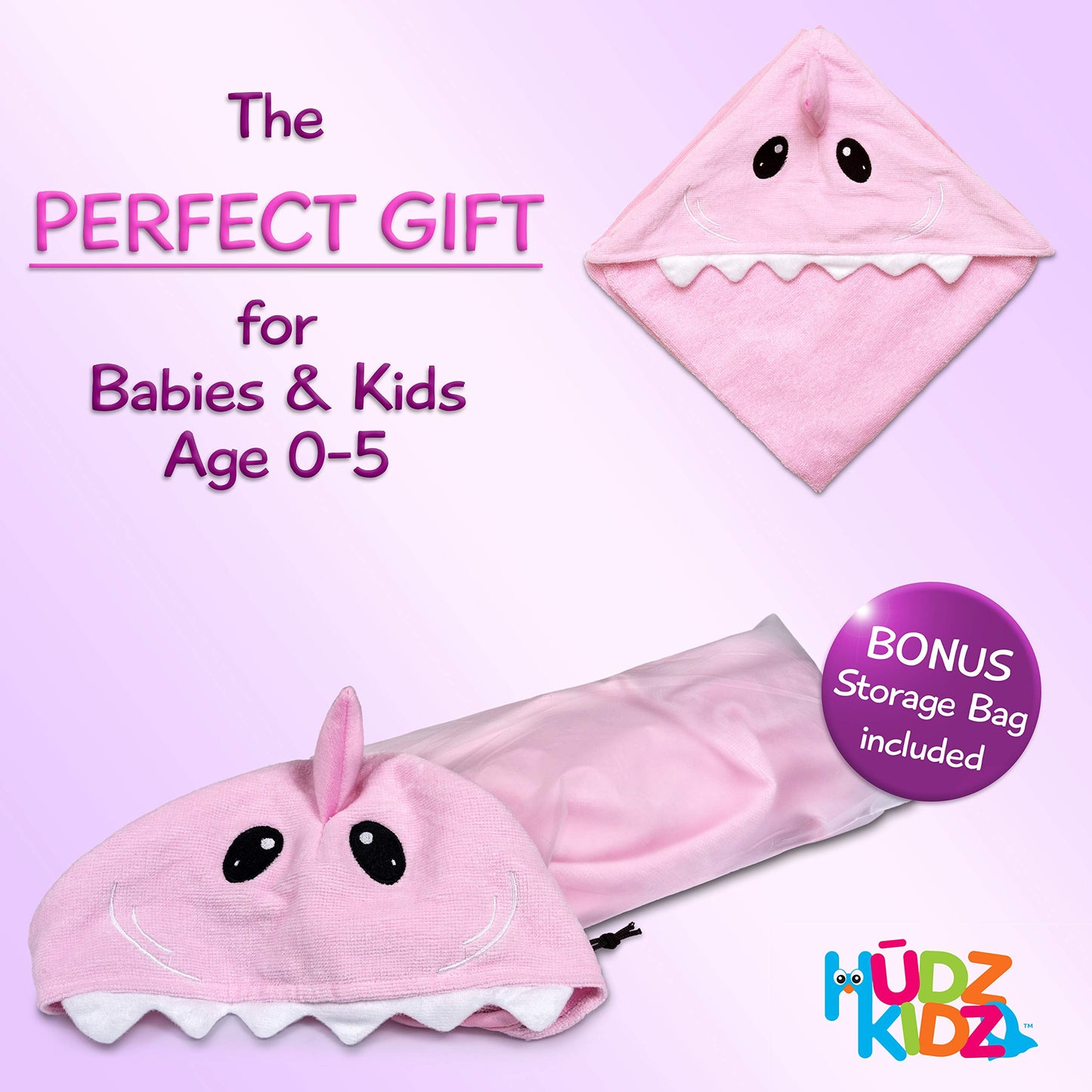 Hudz Kidz Hooded Baby Shark Towel, Soft 100% Cotton, Perfect For Newborn Through Toddler (Pink)