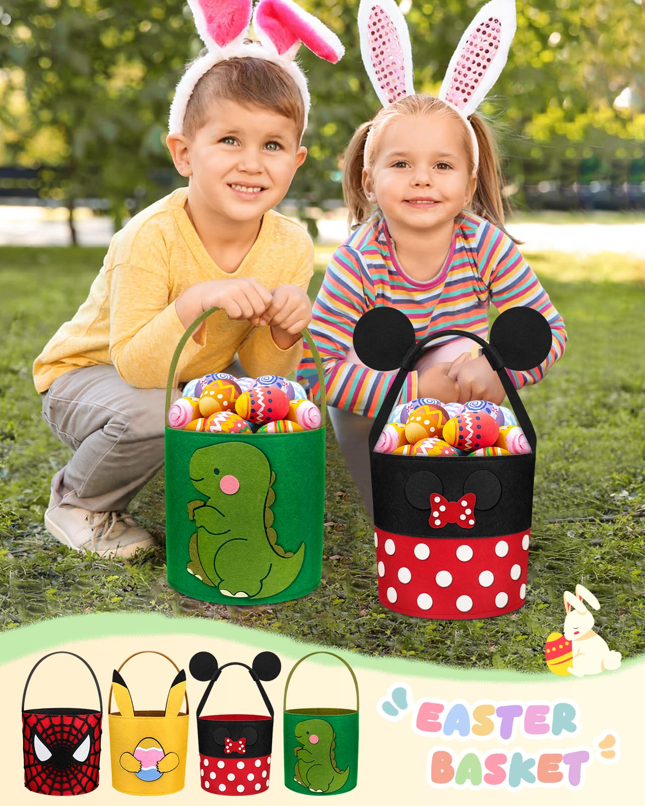 Jmhachy Cute Themed Easter Basket - Large Empty Felt Basket With Handle And Detachable Wings, Personalized Name Tag Patch, Perfe