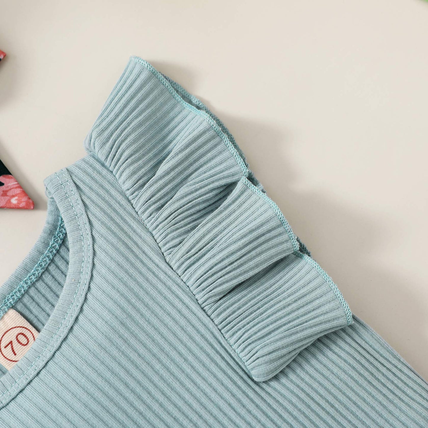 Tiny Cutey Baby Girl Clothes Infant Summer Outfits Set Ruffle Sleeve Romper And Floral Shorts With Headband (Sleeveless Blue, 10