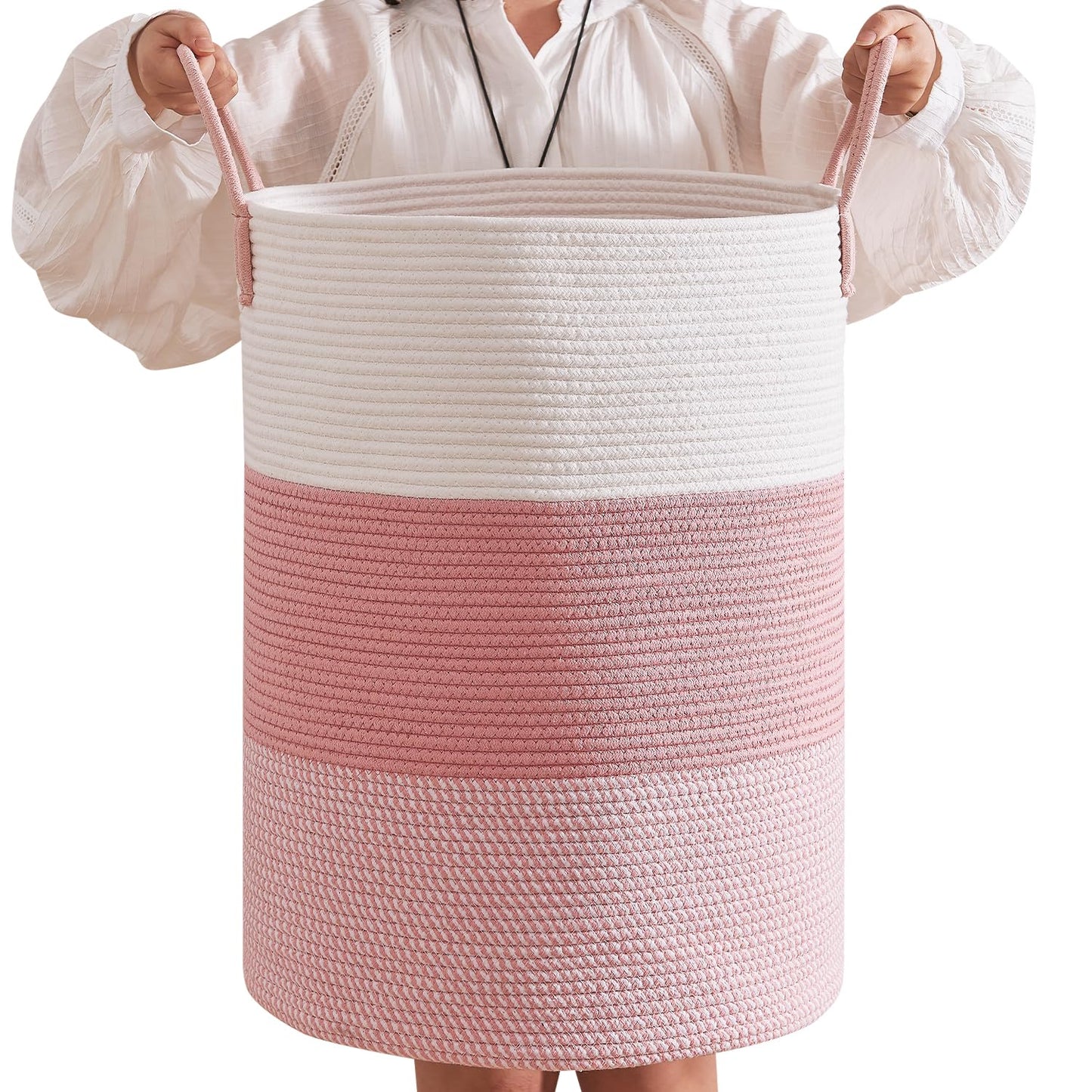 CLHMILY&Z 80L Laundry Basket Round Storage Rope Basket - 16.5x22.5 Inches - Pink Hamper in Bedreoom and Cute Storage Bin for Bla