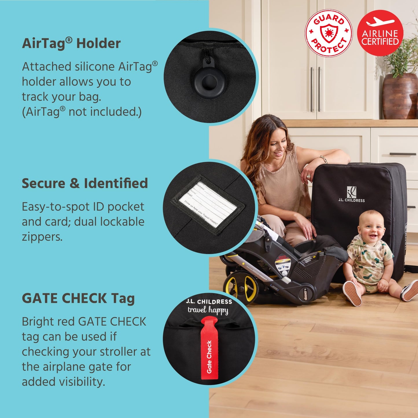 J.L. Childress Elite Travel Bag For Doona And Evenflo Shyft - Airtag Holder - Fits Car Seat Stroller Combos And Most Infant Car
