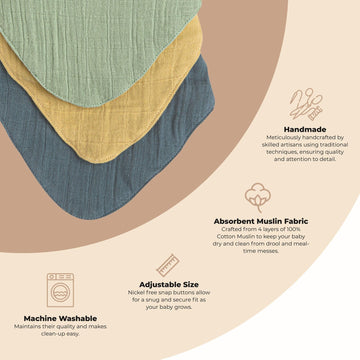 Crane Baby Soft Muslin Baby Bib Set, Adjustable And Absorbent Bandana Style Bibs For Boys And Girls, River, 3 Piece, 18.5 X 9