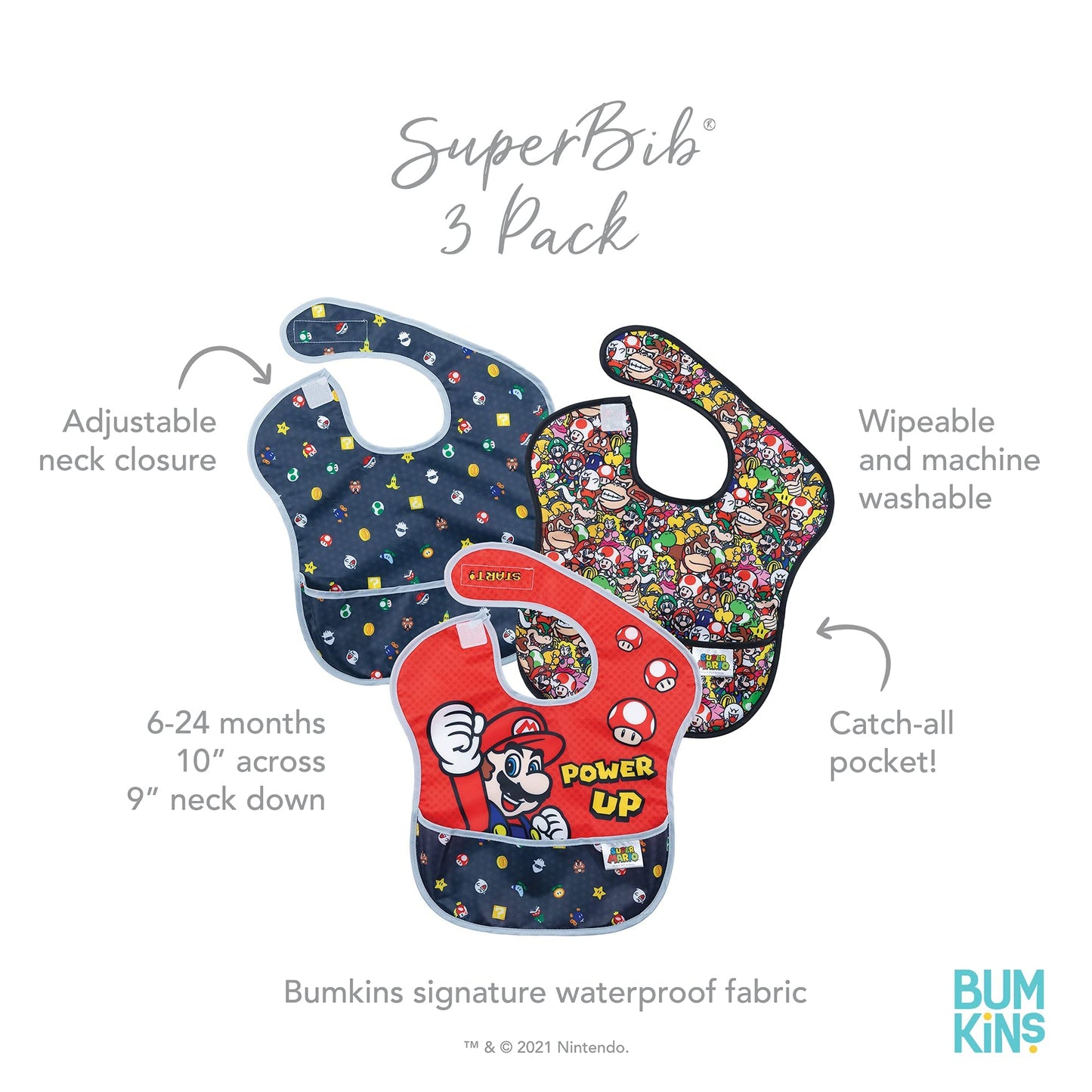 Bumkins Nintendo Bibs For Girl Or Boy, Superbib Baby And Toddler 6-24 Months, Essential Must Have For Eating, Feeding, Baby Led