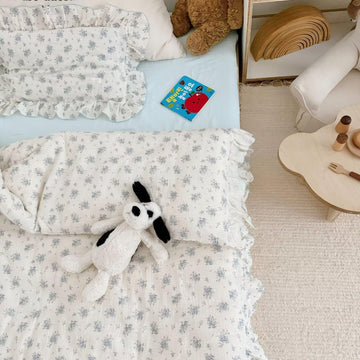 Bulutu Muslin Cotton Kids Duvet Cover With Ruffles For Toddler Bed/Crib Comforter/Quilt Cover Shabby Chic Blue Freesia Print Tod
