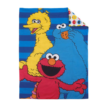 Sesame Street Best Friends Blue, Red, Yellow 4 Piece Toddler Bed Set - Comforter, Fitted Bottom Sheet, Flat Top Sheet, Reversibl