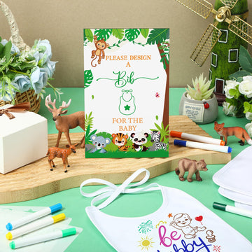 Panitay 100 Pcs Diy Baby Bibs Decorating Kit 50 White Bibs 25 Stencils 24 Fabric Markers 1 Baby Shower Game Sign(Forest Animal)