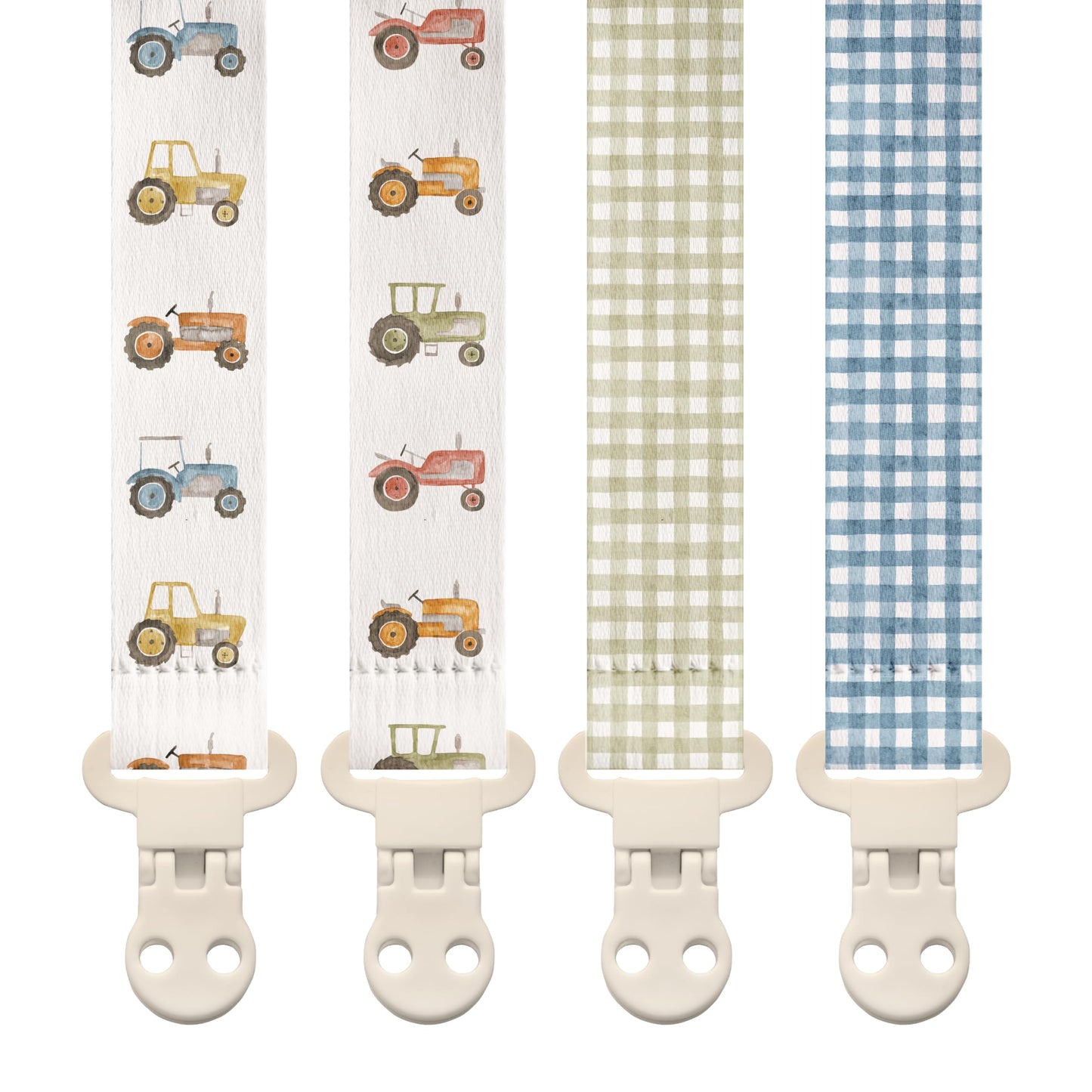 Stadela Baby Fabric Pacifier Clip Holder, Plastic Clip, 4-Pack, Farm Pattern, Tractors Set