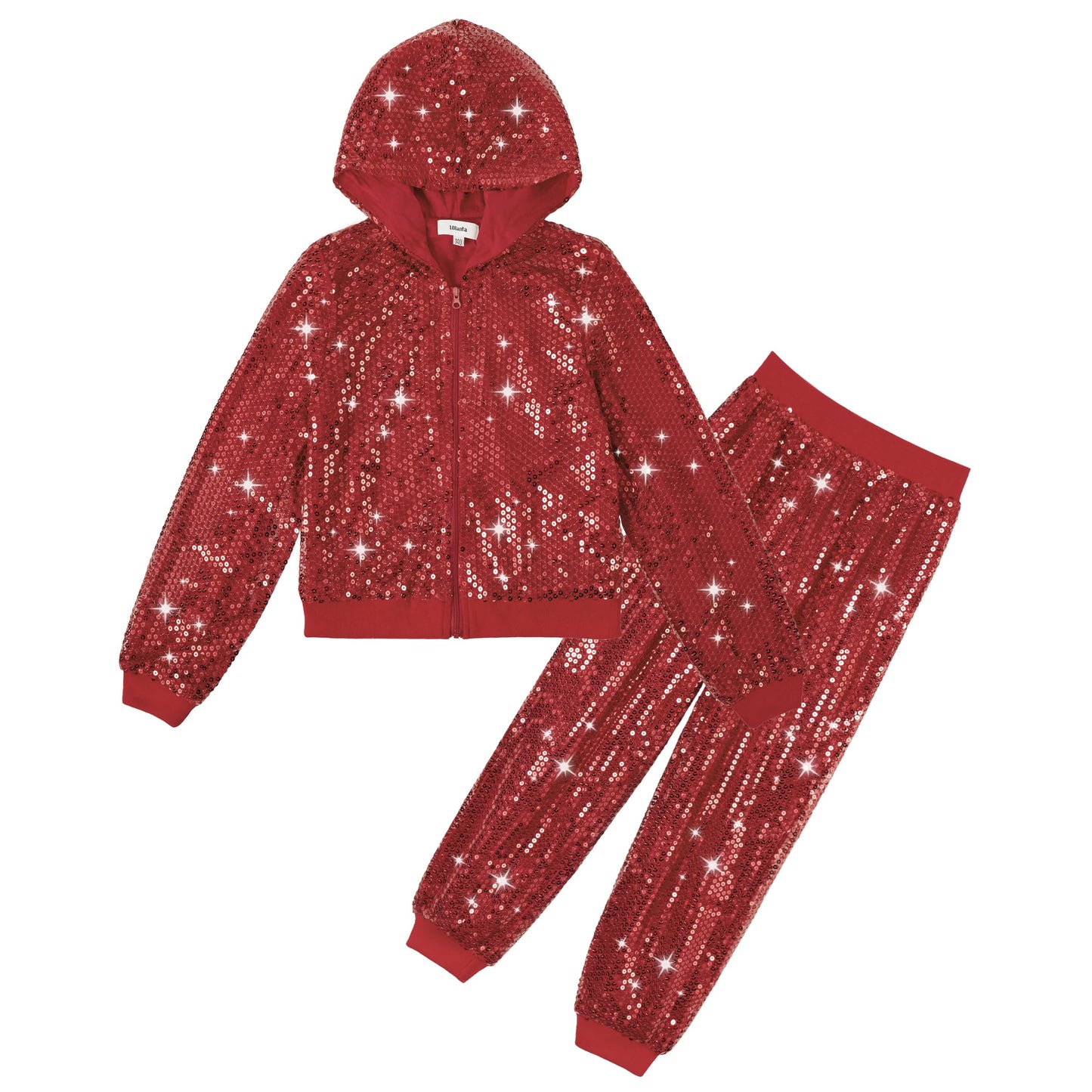 Lolanta Girls Hip-Hop Dance Costumes Sequin Hoodies Sequin Pants Red Dance Outfits Spring Fall Coat (Red, 10-11 Years)