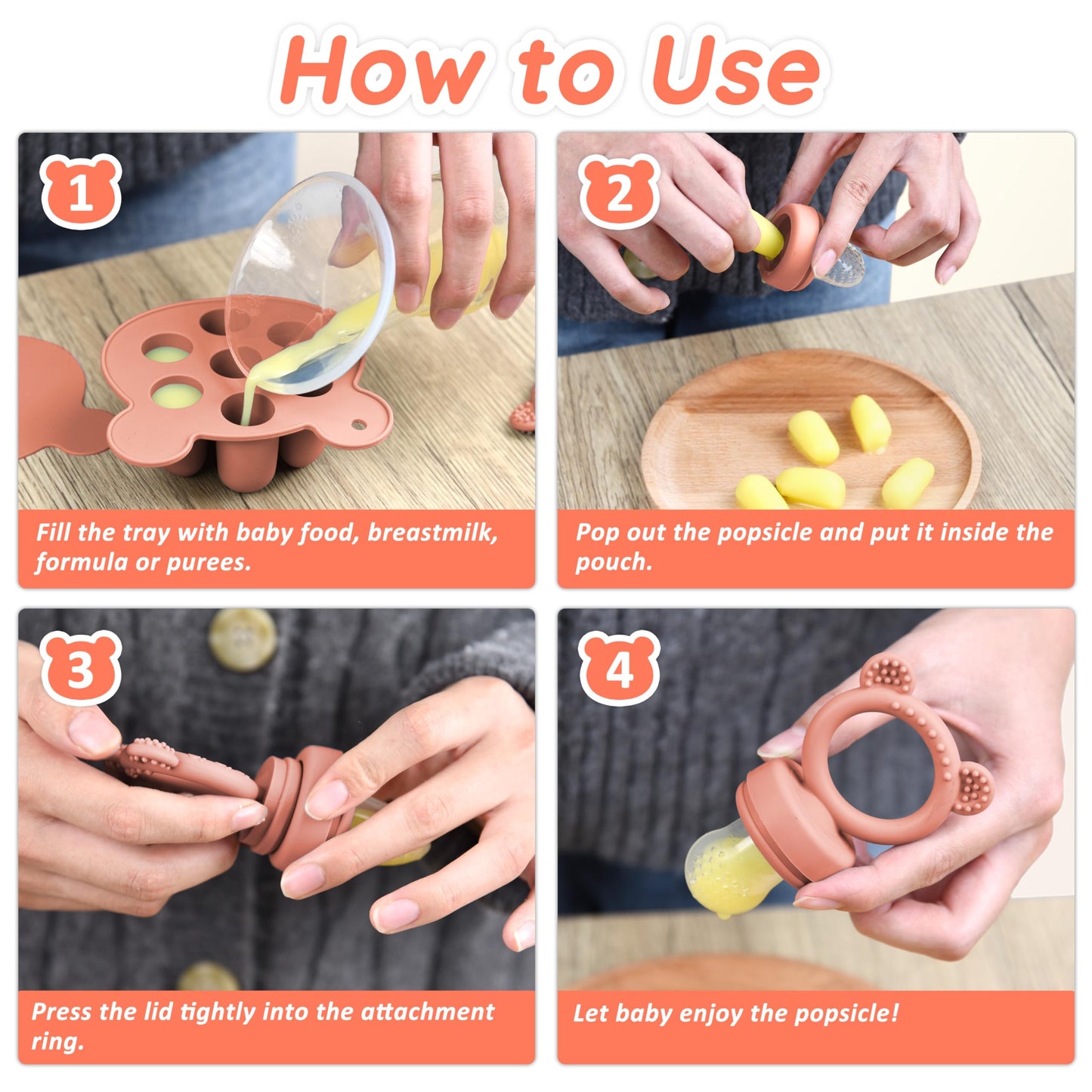 Littlesjoy Infant Baby Fruit Feeder & Food Feeder, Breast Milk Popsicle Mold For Purees, Baby Teething Relief Teether,4Pcs Self