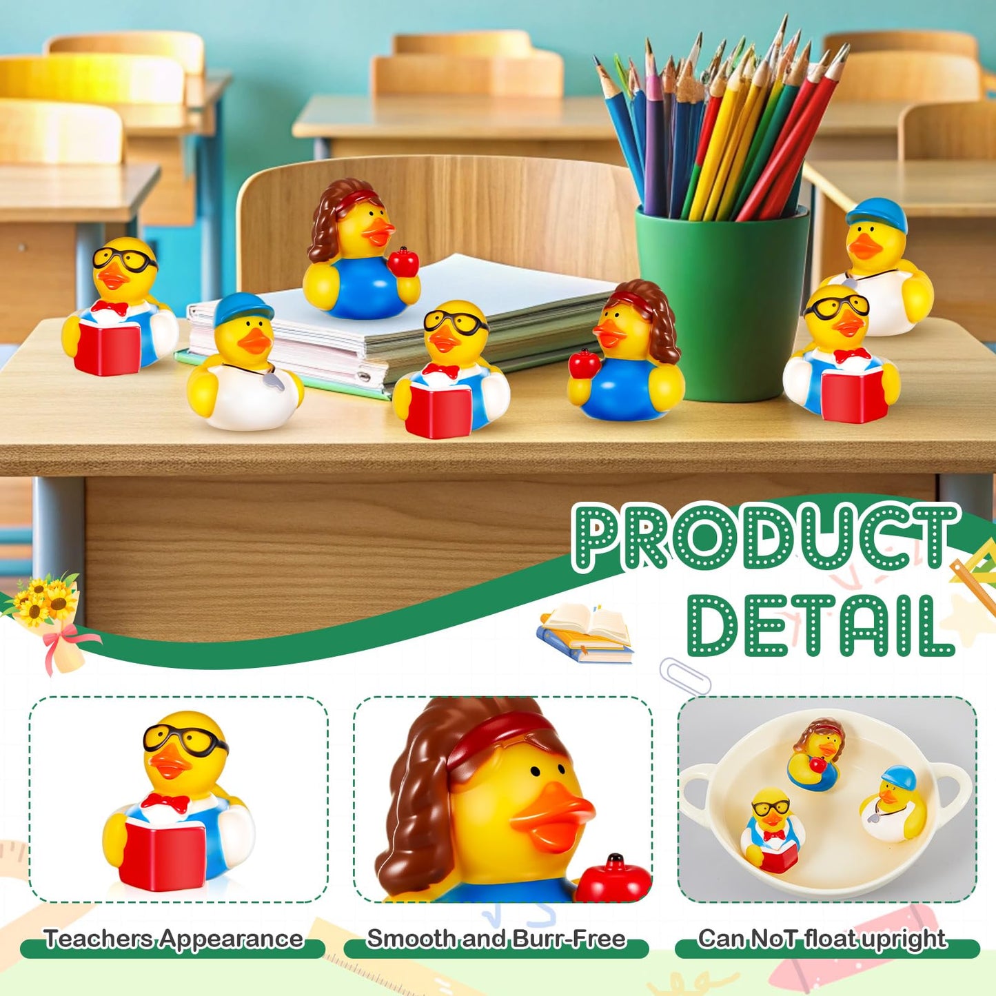 Deekin 24 Pcs Teacher Themed Party Favors Rubber Ducks 2 Inch School Educator Events Award Gifts for Teacher Appreciation Cute I