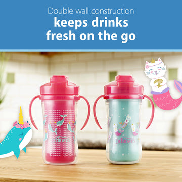 Dr. Brown'S Milestones Insulated Sippy Cup With Straw And Handles, Spill-Proof Tumbler With Lid, 2-Pack, Pink, 10 Oz/300 Ml, Bpa