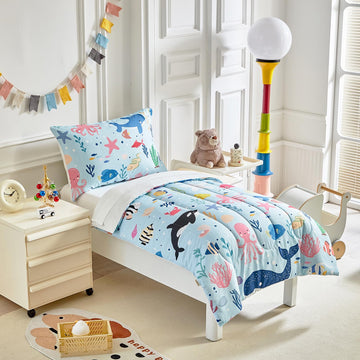 Joyreap 4 Piece Toddler Bedding Set- Ocean Theme Blue Design, Microfiber Toddler Bedding Comforter Set For Kids Boys Girls