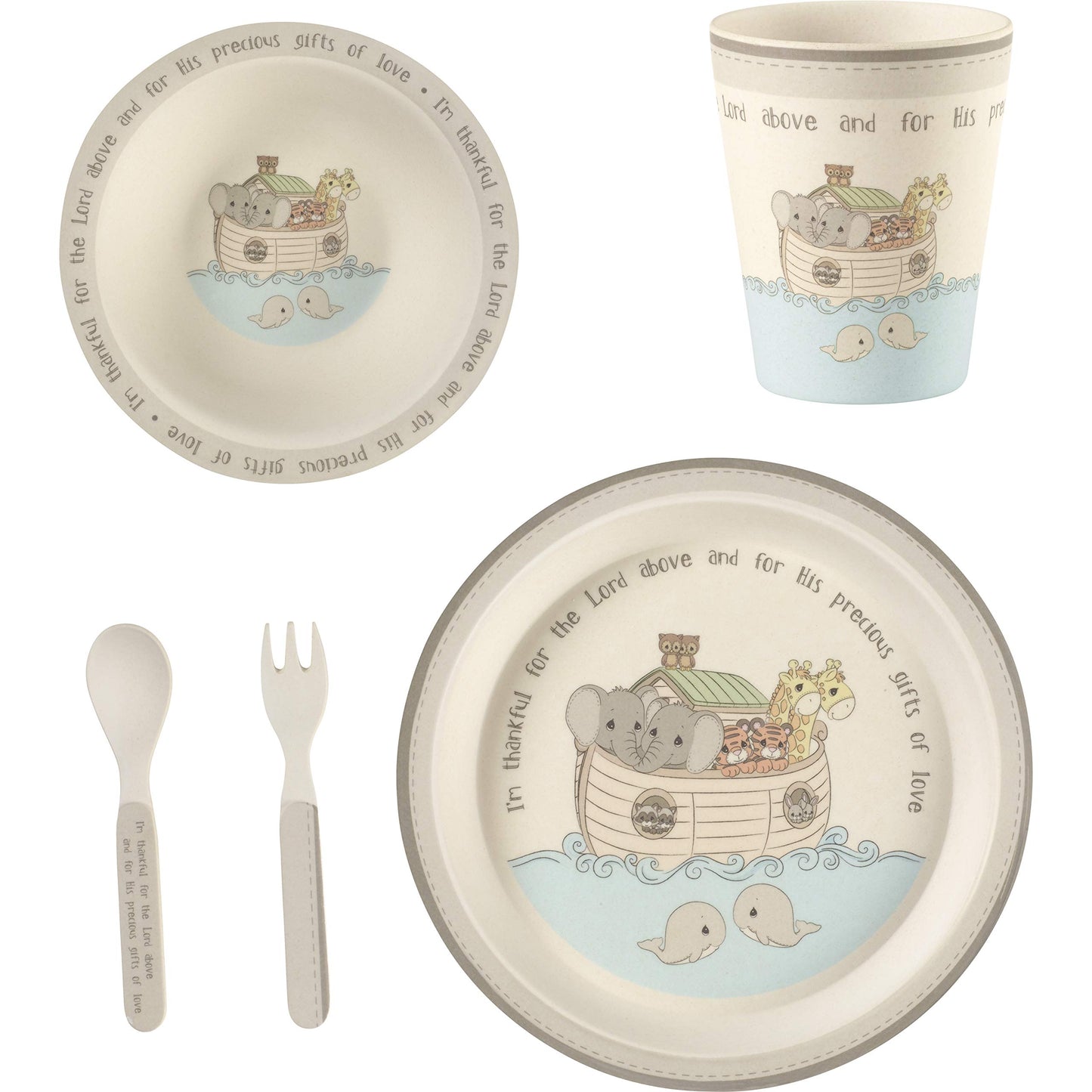 Precious Moments Noahs Ark Bamboo Toddler Mealtime Feeding and Dinnerware Set of 5, 182433