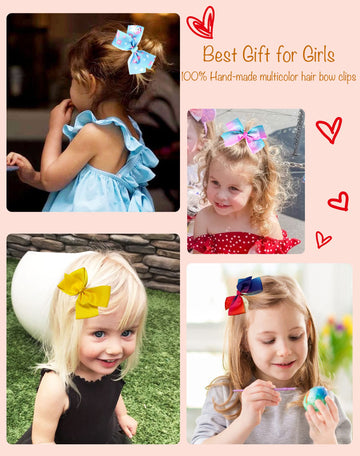 18 Pcs 5 Inch Hair Bows For Girls,Colorful Rainbow Heart Girls Hair Bows Grosgrain Ribbon Hair Bow With Alligator Clips For Todd