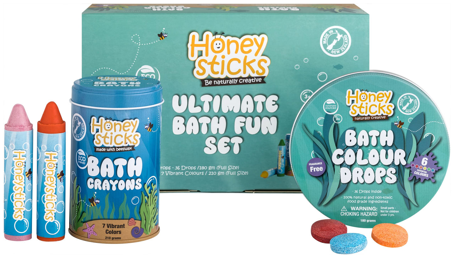 Honeysticks Ultimate Bath Fun Set - Non Toxic Bath Crayons (7 Pack) and Bath Color Tablets (36 Drops) for Hours of Creative Bath