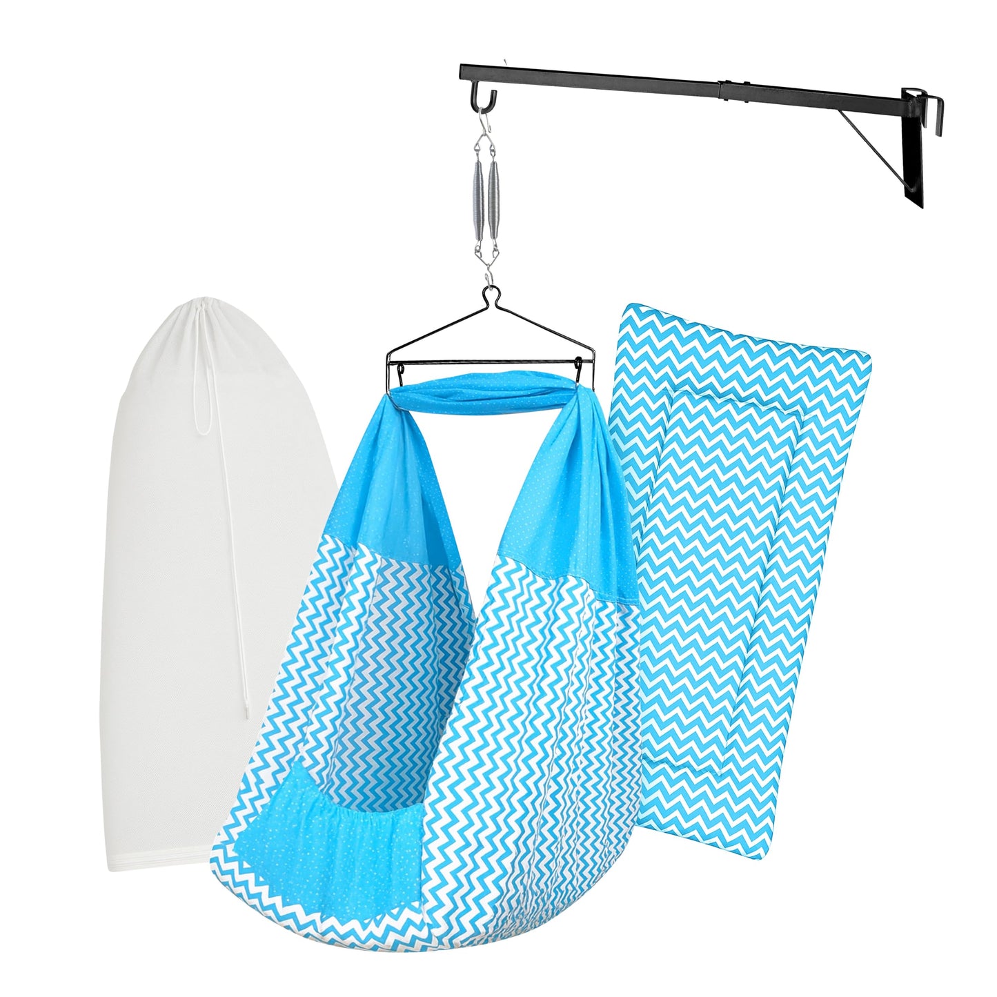 Beetot Baby Set | Pure Cotton Cloth, Removal Pad, Mosquito Net, Spring, Triangle And Window Hanger | Fs- (Blue, Stripe Design)