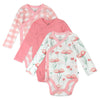 Honestbaby 3-Pack Organic Cotton Long Sleeve Side-Snap Kimono Onesies Bodysuits, Strawberry Pink Floral, 3-6 Months