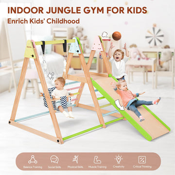 Cozibb 7 In 1 Indoor Jungle Gym For Kids, Foldable Toddler Indoor Playground With Slide, Beechwood & Baby Swing, Climbing Wall &