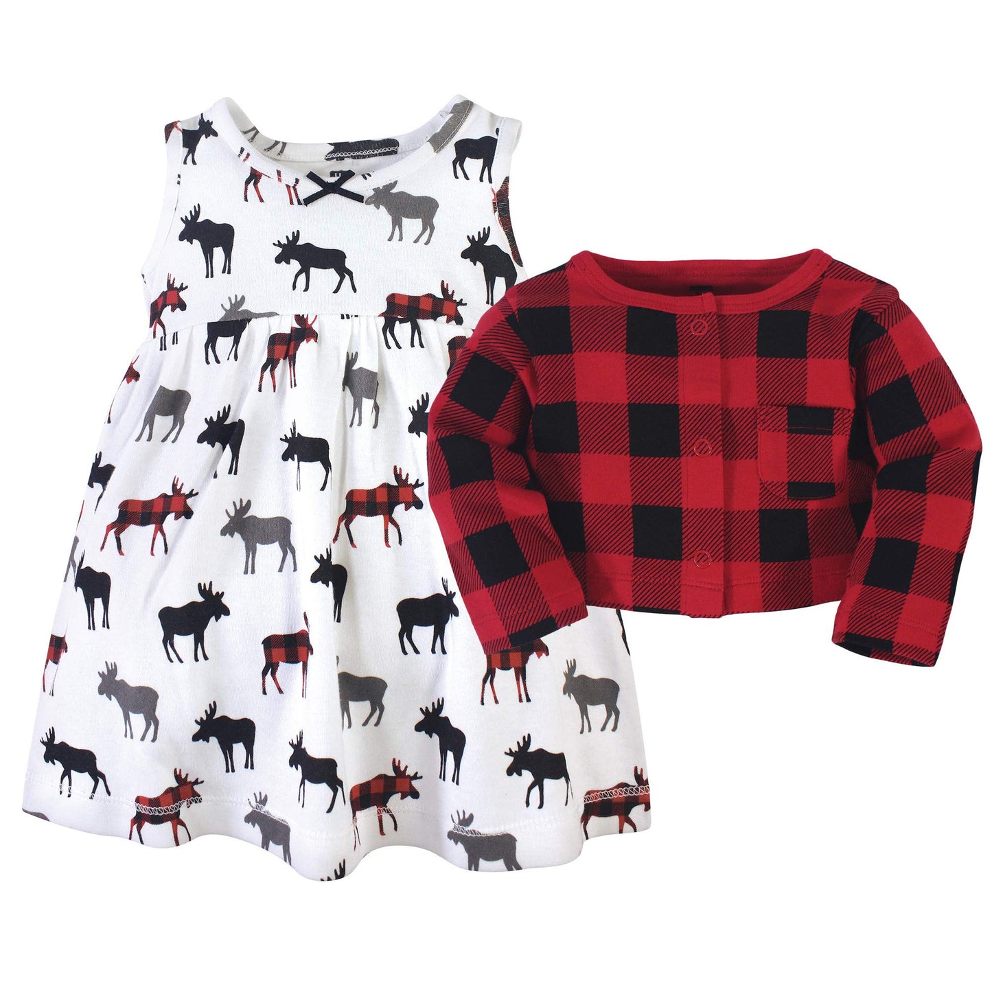 Hudson Baby Girls' Cotton Dress And Cardigan Set, Buffalo Plaid Moose, 0-3 Months