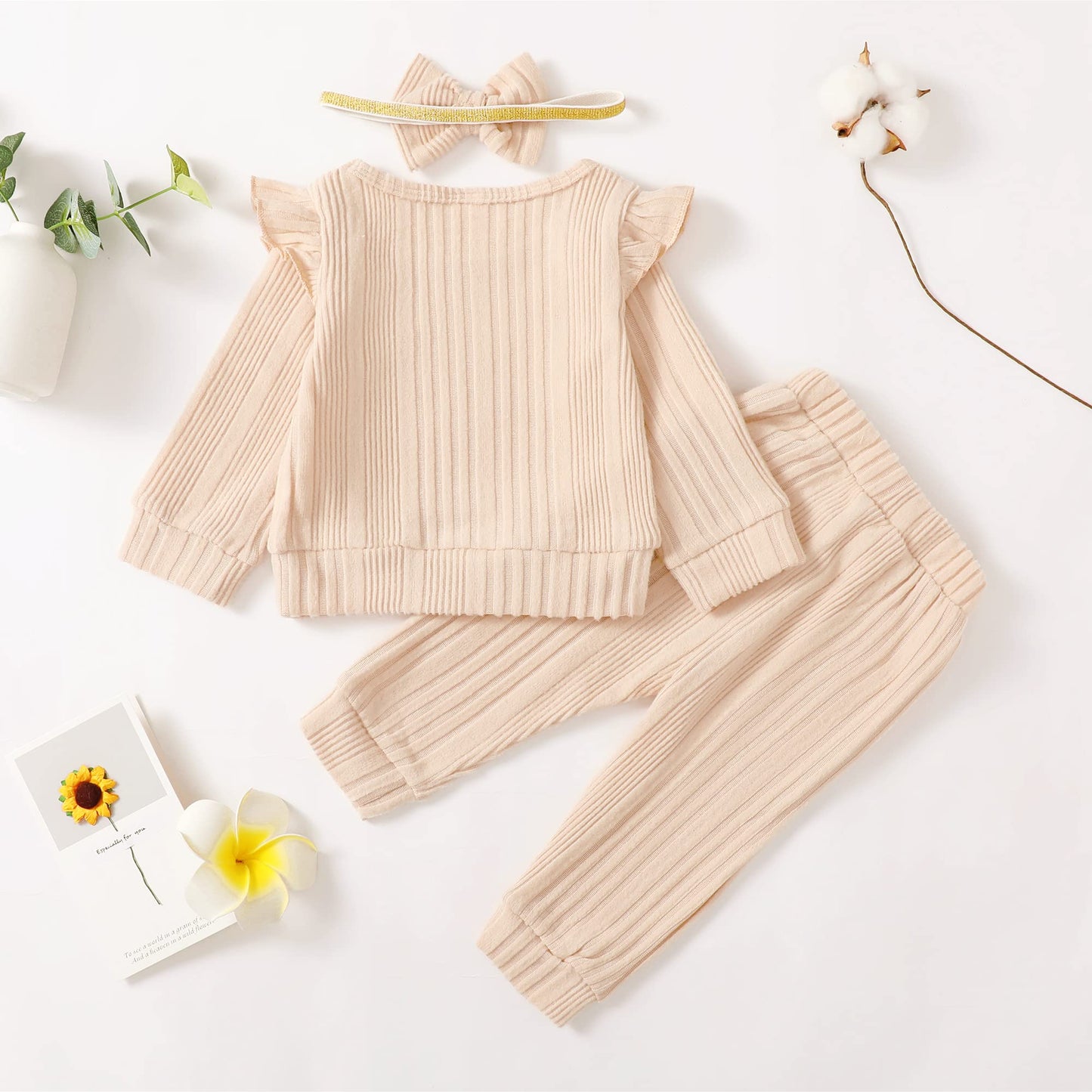 Mioglrie Baby Girl Clothes 12-18 Month Fall Winter Outfits Infant Sweatsuit Newborn Sweatshirt Fleece Ruffle Beige Sweat Pant Se