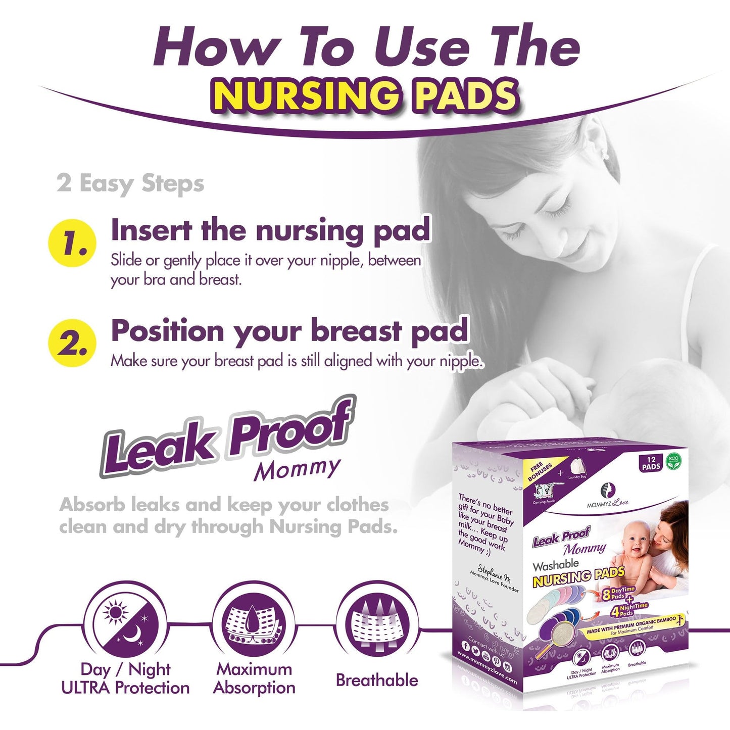 Best Organic Nursing Pads | Washable, Super Soft & Hypoallergenic | 12 Bundle Pack With Daytime And Overnight Protection In One
