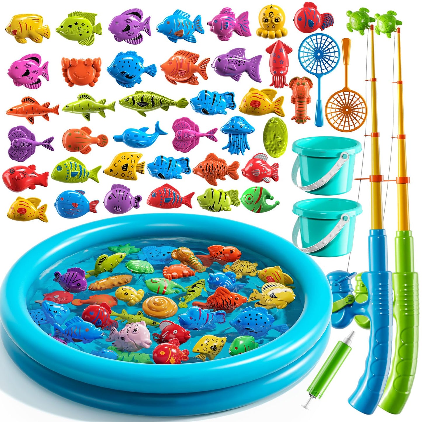 JUKUDAHU Magnet Fishing Toys Game for Kids 3-5 - Floating Fish Toys with Inflatable Kiddie Pool, Bath Toys for Toddlers, Pole Ro