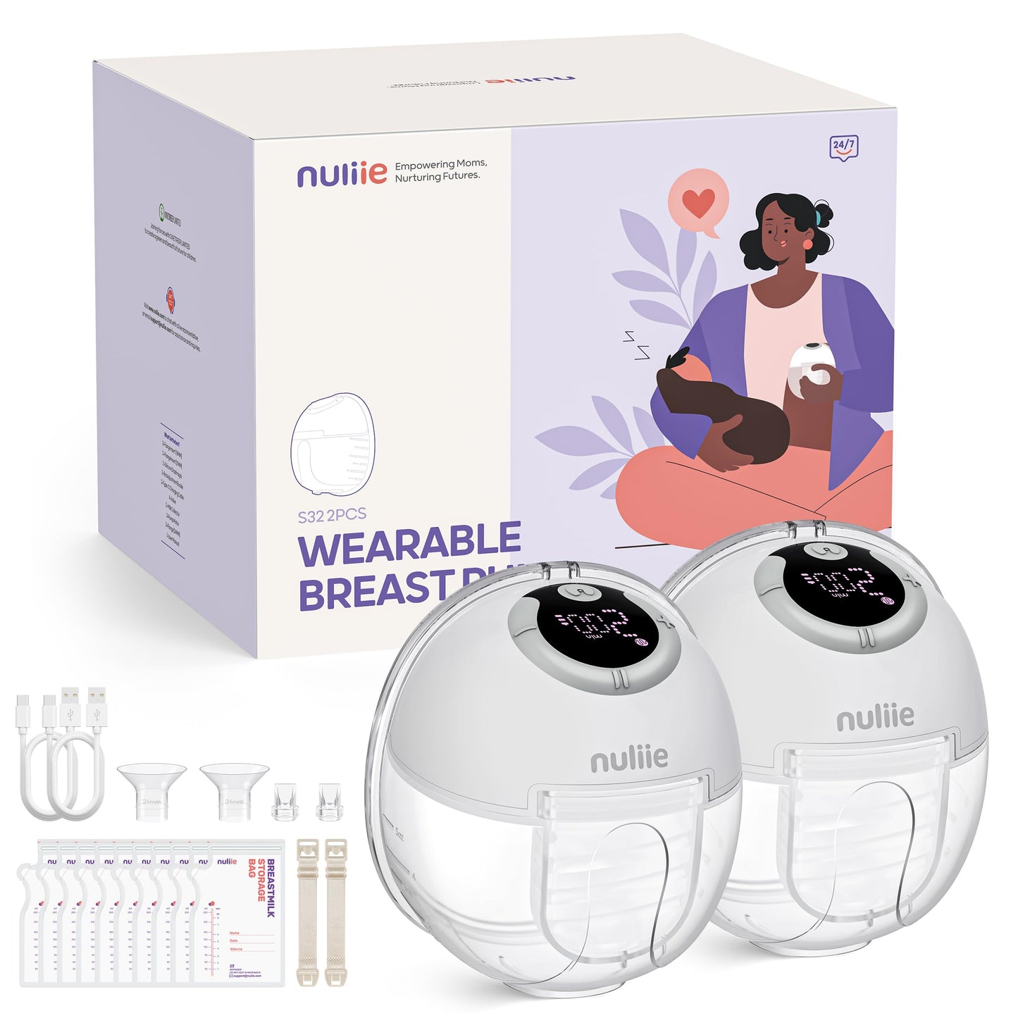 Nuliie Wearable Breastfeeding Pump (2 Packs, White)