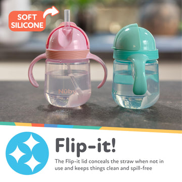 Nuby No-Spill Clik-It Silicone Straw Toddler Cup - (2 Pack) 8 Oz - 360 Weighted Straw Toddler Sippy Cup For 1+ Year Old - Pink/A