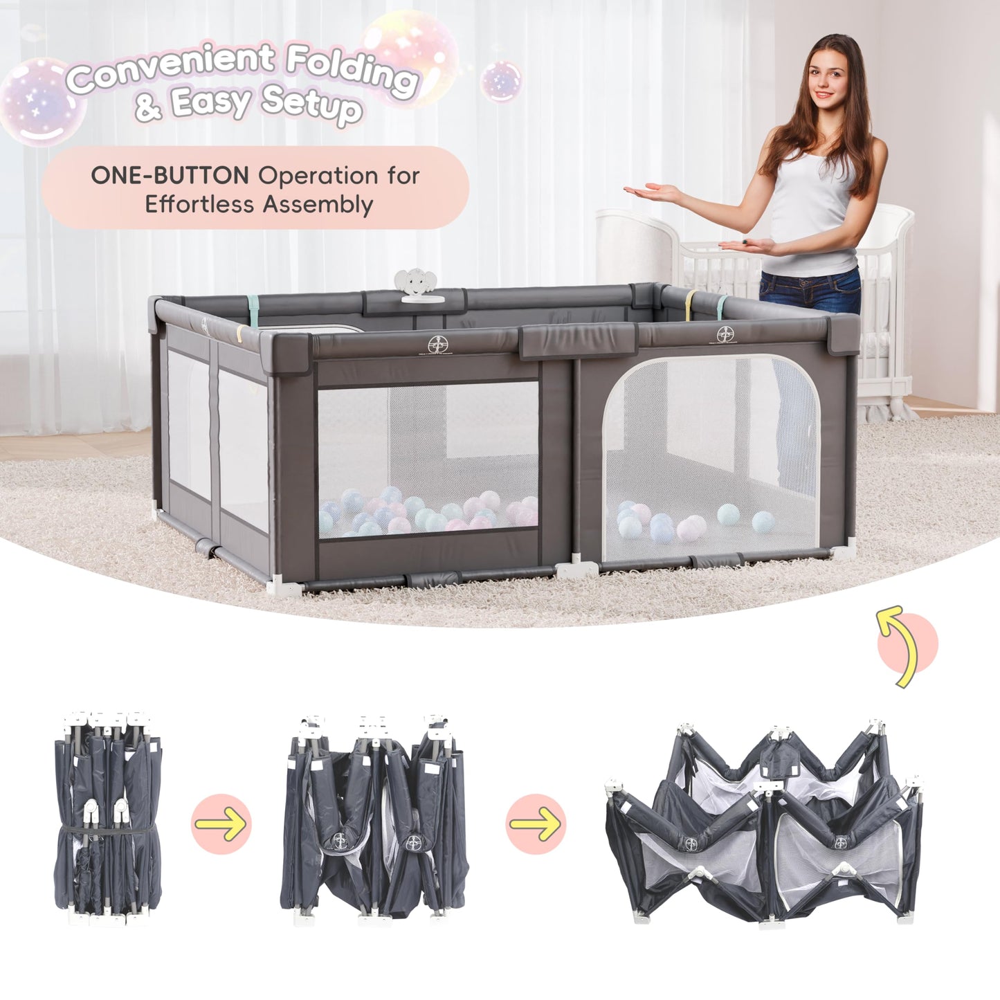 Xilingol 72 ' X 59 ' Foldable Playpen, Potable Baby Play Yard With Carry Bag, Baby Gate Playpen With Anti-Slip Suckers & Zippe