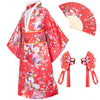 Elibelle Japanese Traditional Dress Kimono Robe For Kids Girls Costume Silk Folding Fans Hairstick Set(Red130Cm)
