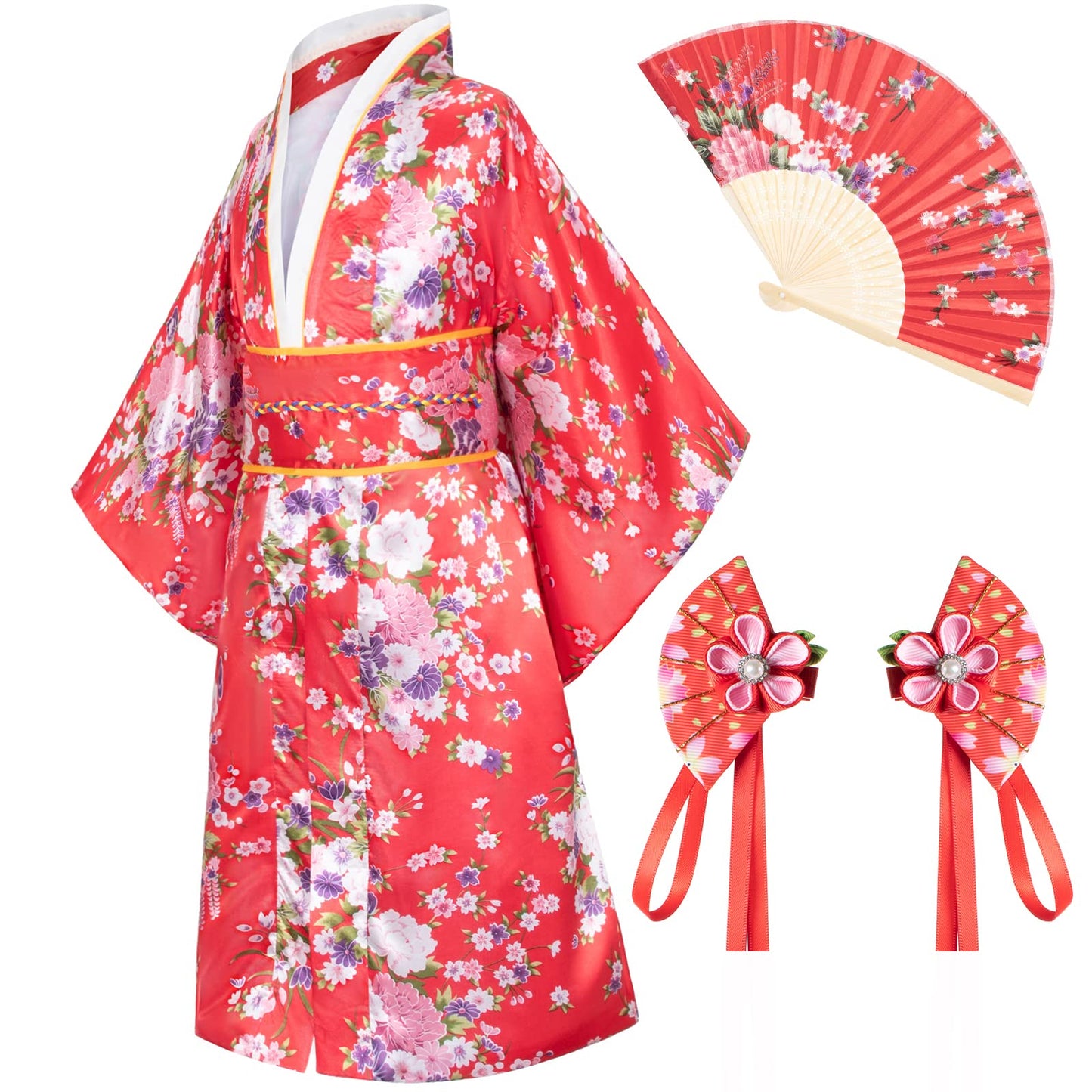 Elibelle Japanese Traditional Dress Kimono Robe For Kids Girls Costume Silk Folding Fans Hairstick Set(Red130Cm)