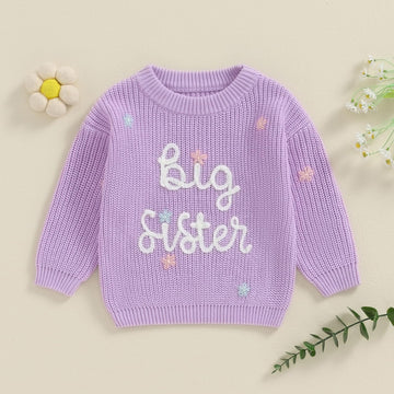 Toddler Infant Baby Girl Knit Sweater Big Sister Little Sister Matching Outfits Long Sleeve Pullover Sweatshirt (Purple, 3 Years