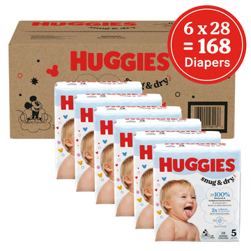 Huggies Size 5 Diapers, Snug & Dry Baby Diapers, Size 5 (27+ Lbs), 168 Count (6 Packs Of 28), Packaging May Vary