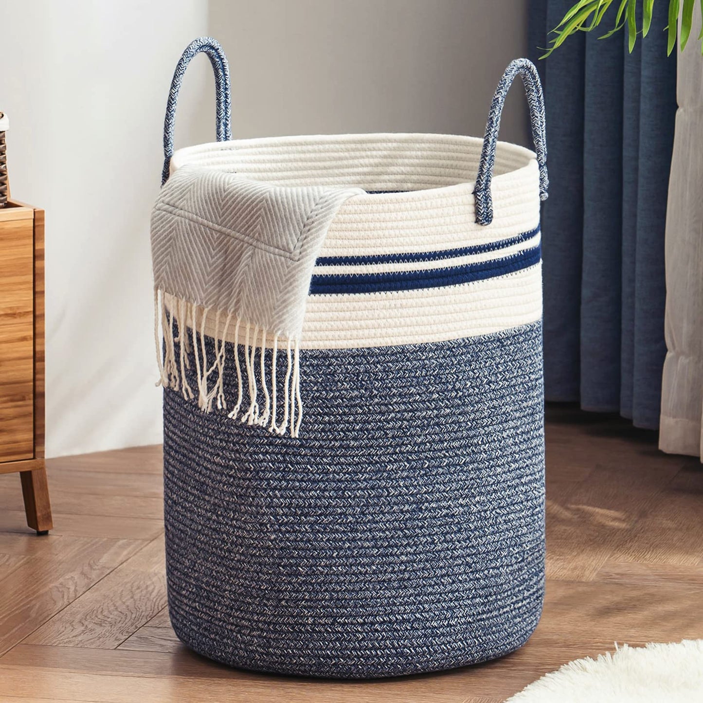 Woven Rope Laundry Hamper Basket by YOUDENOVA, 58L Tall Luandry Basket, Baby Nursery Hamper for Blanket Storage in Bedroom-Large