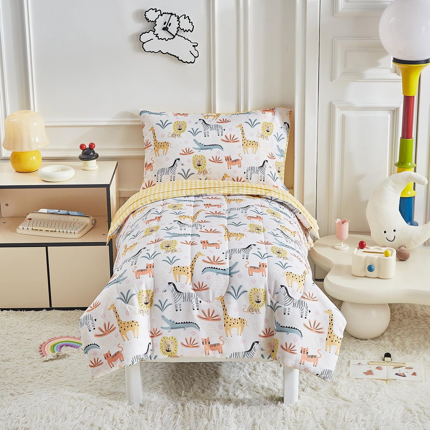 Joyreap 4 Piece Toddler Bedding Set- Cartoon Zoo Theme Animals Beige Design, Microfiber Toddler Bedding Comforter Set For Kids B