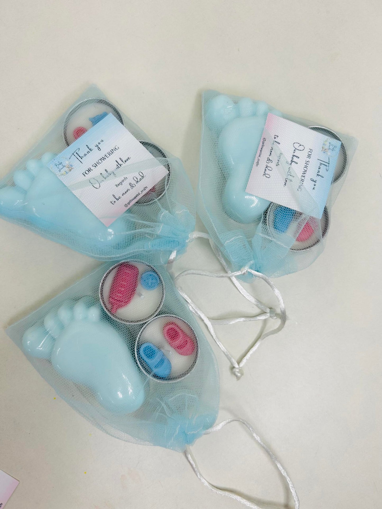 Yellow Petal Blue Baby Feet Soap Bar & 2 Baby Theme Tealight Candle,Packed In Net Pouch With Thank You Card, Baby Shower, Hand