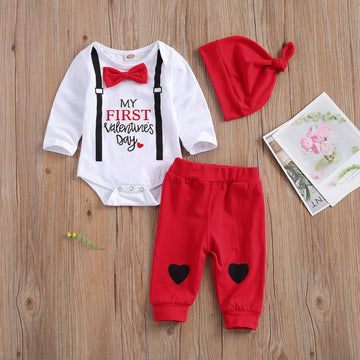 Kuriozud Baby Boy My First Valentine'S Day Outfits Long Sleeve Romper Bodysuit Top Pants Hat 3 Piece Clothes Set (Valentine'S Da