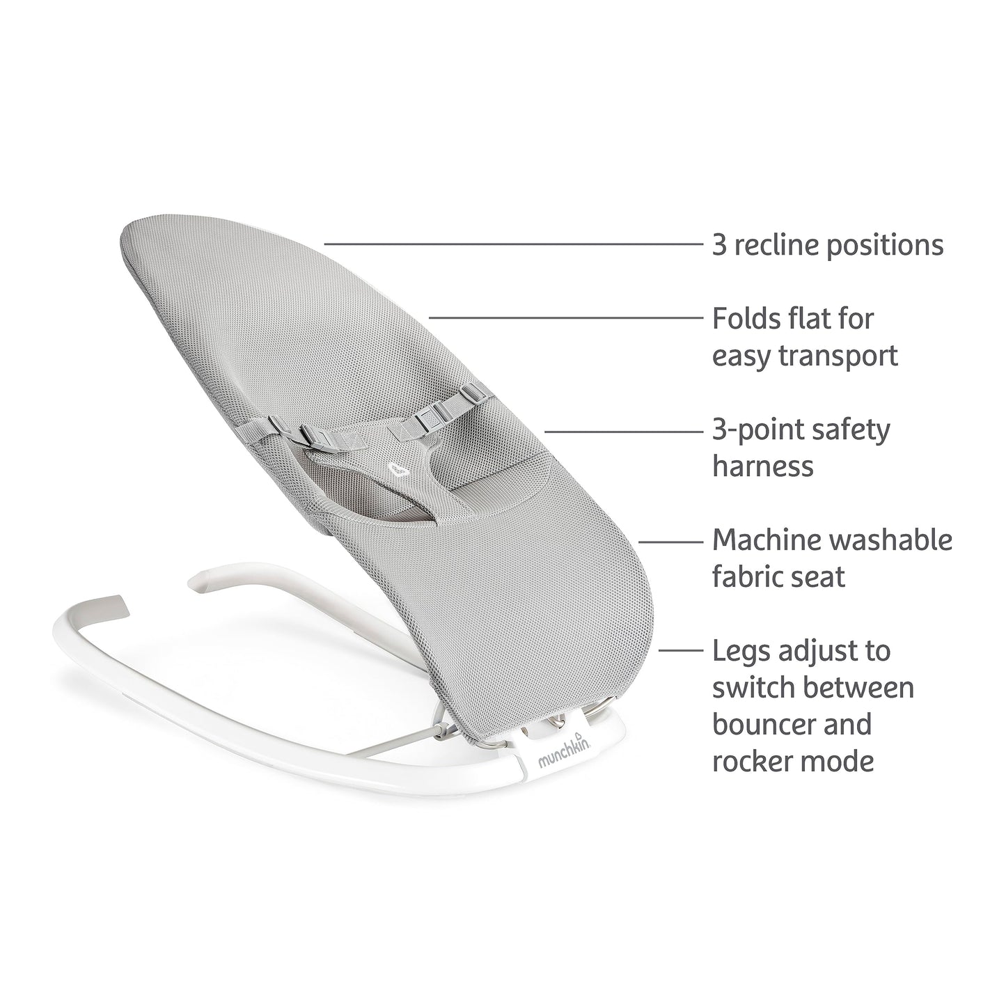 Munchkin Spring Baby Bouncer And Rocker Seat, 2-In-1 Design, Portable And Lightweight With 3 Recline Positions, Grey