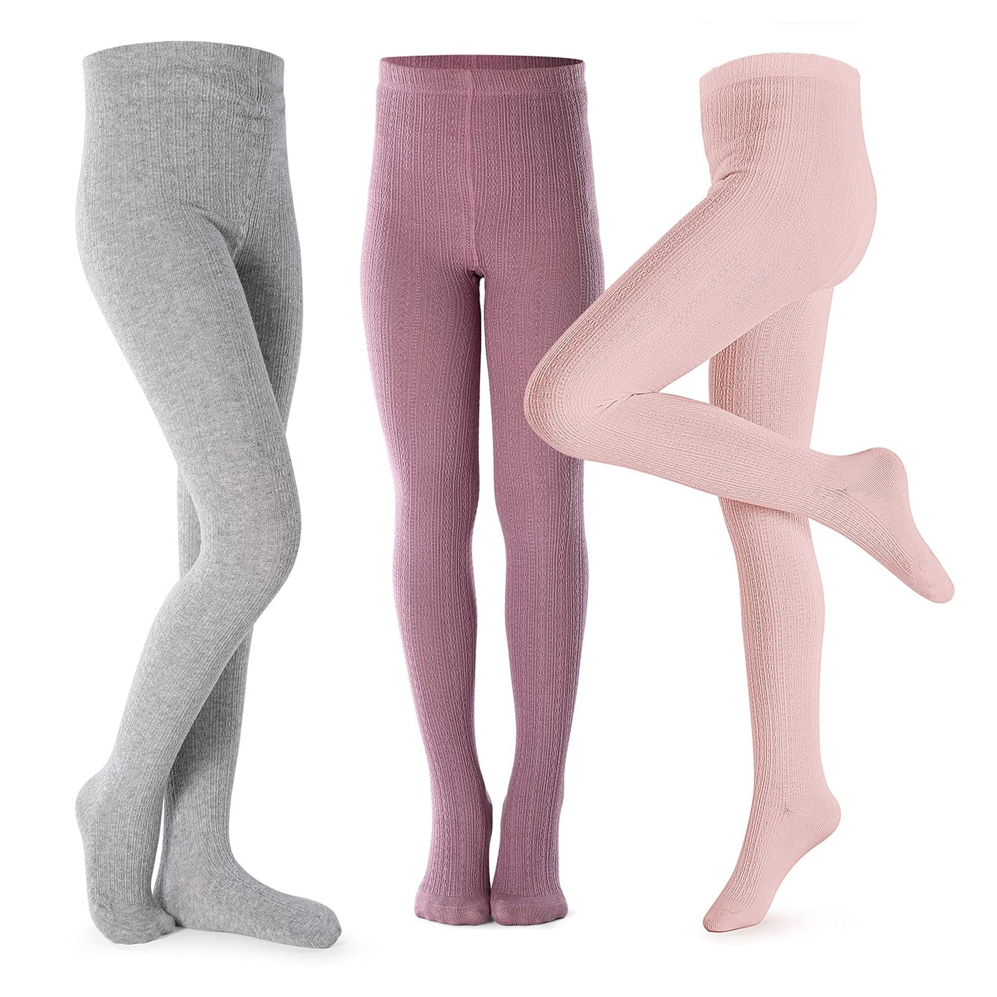 Petrass Girls Tights Toddler Cable Knit Cotton Footed Seamless Dance Ballet Baby Girls Leggings 3 Pack Pink/Purple/Grey 5-6Y
