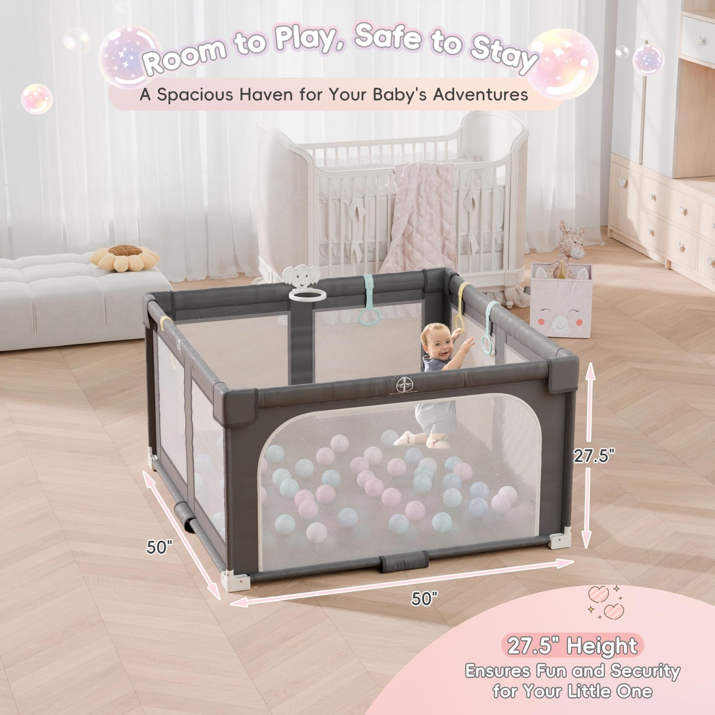 Xilingol 50 ' X 50 ' Foldable Playpen, Potable Baby Play Yard With Carry Bag, Baby Gate Playpen With Anti-Slip Suckers & Zippe