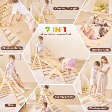 Belleur 7 In 1 Wood Pikler Triangle Set, Foldable Toddler Climbing Toys Indoor, Montessori Climbing Set With Ramp, Arch & Climbi