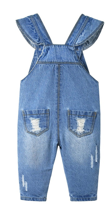 Kidscool Space Baby & Little Girls Big Bib Pocket Ripped Letter Ruffled Jeans Overalls,Blue,18-24 Months