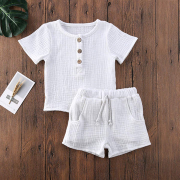 Fhutpw Baby Boys 2Pcs Summer Outfits Short Sleeve T-Shirt Tops Elastic Waistband Shorts Set Toddler Clothes (Linen White A1, 2-3