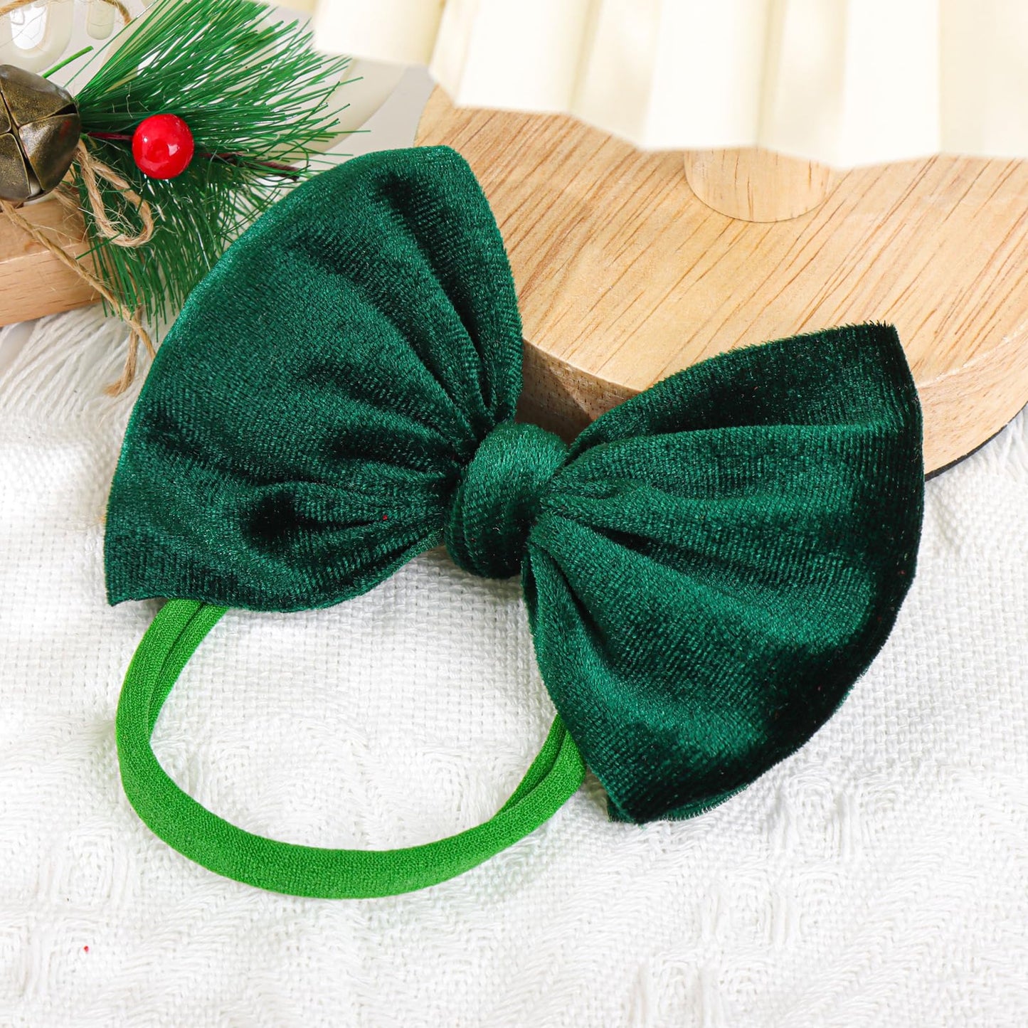 Yanjie Hairband - Handmade Stretchy Nylon Hairbands With 3 Green-Velvet Bows, Ideal For Baby Infants Toddlers Child, Unisex-B, 1
