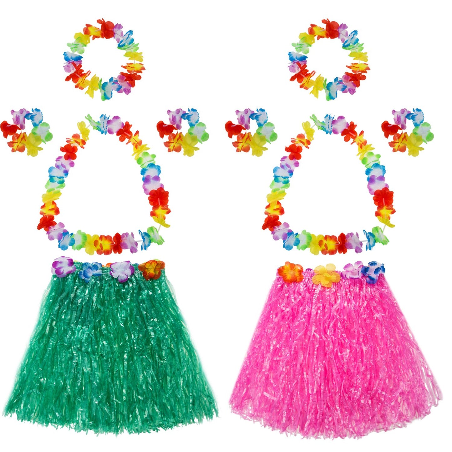 TOODOO Elastic Hawaiian Hula Grass Skirt with Flower Costume Set for Party Beach Dance Fancy Dress, Multicolor, 2 Sets