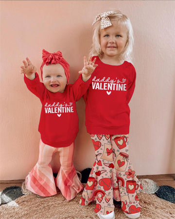 Toddler Baby Girl Valentines Outfit Daddy 'S Valentine Crewneck Sweatshirt Shirts Flare Pant Valentines Clothes (Red - Daddy'S